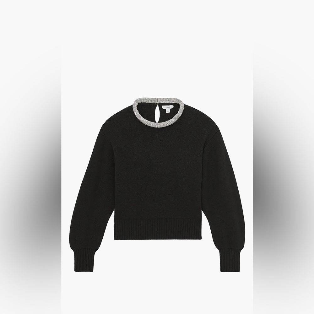 Reiss Crissie Black Wool-Blend Necklace-Trim Sweater Size M